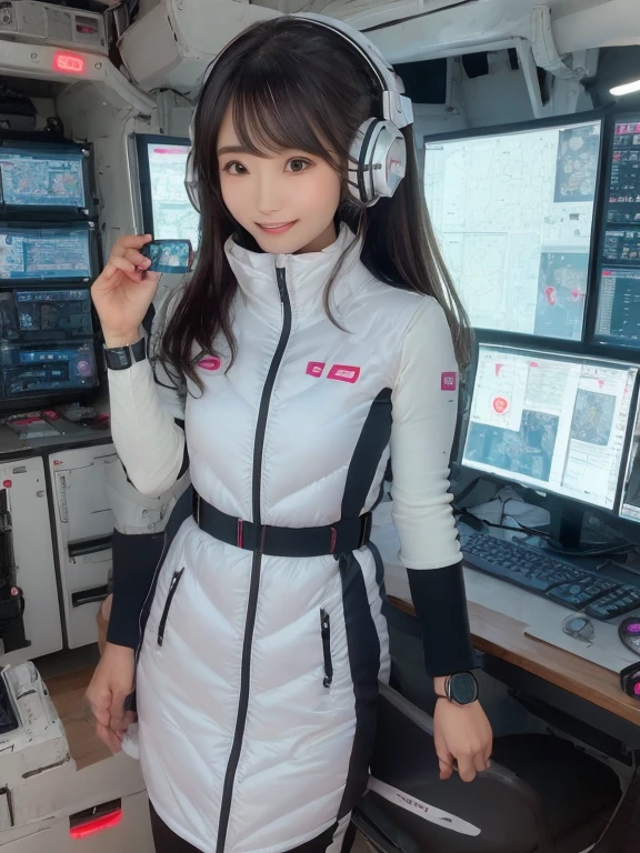 masterpiece, highest quality, Very detailed, 8K Portrait,Japanese Android Girl,plump , Control panel,Robotic arms and legs, Blunt bangs,,break (Metallic Gray, Metallic luster, Mirror finish, Astro Best):5,headphone:5,break (Black sleeves):100,Smart Watches,Futuristic space station,Control Room,break headphone,blue eyes,(Black Hair):2,(Long Hair):1.3,View the viewer,(respirator),break blush:3,Hidden Hand,smile