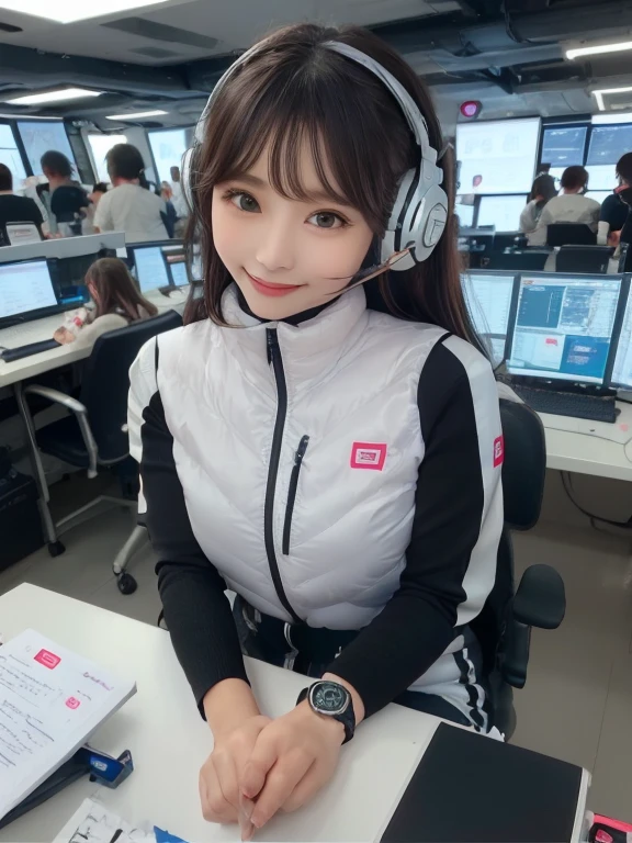 masterpiece, highest quality, Very detailed, 8K Portrait,Japanese Android Girl,plump , Control panel,Robotic arms and legs, Blunt bangs,,break (Metallic Gray, Metallic luster, Mirror finish, Astro Best):5,headphone:5,break (Black sleeves):100,Smart Watches,Futuristic space station,Control Room,break headphone,blue eyes,(Black Hair):2,(Long Hair):1.3,View the viewer,(respirator),break blush:3,Hidden Hand,smile