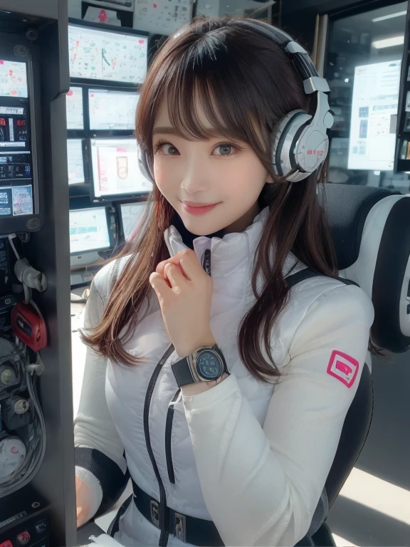 masterpiece, highest quality, Very detailed, 8K Portrait,Japanese Android Girl,plump , Control panel,Robotic arms and legs, Blunt bangs,,break (Metallic Gray, Metallic luster, Mirror finish, Astro Best):5,headphone:5,break (Black sleeves):100,Smart Watches,Futuristic space station,Control Room,break headphone,blue eyes,(Black Hair):2,(Long Hair):1.3,View the viewer,(respirator),break blush:3,Hidden Hand,smile