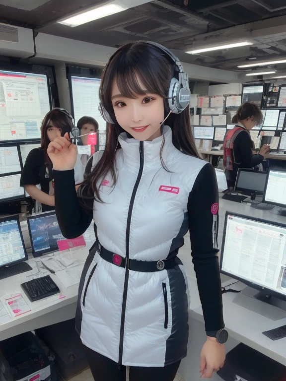 masterpiece, highest quality, Very detailed, 8K Portrait,Japanese Android Girl,plump , Control panel,Robotic arms and legs, Blunt bangs,,break (Metallic Gray, Metallic luster, Mirror finish, Astro Best):5,headphone:5,break (Black sleeves):100,Smart Watches,Futuristic space station,Control Room,break headphone,blue eyes,(Black Hair):2,(Long Hair):1.3,View the viewer,(respirator),break blush:3,Hidden Hand,smile