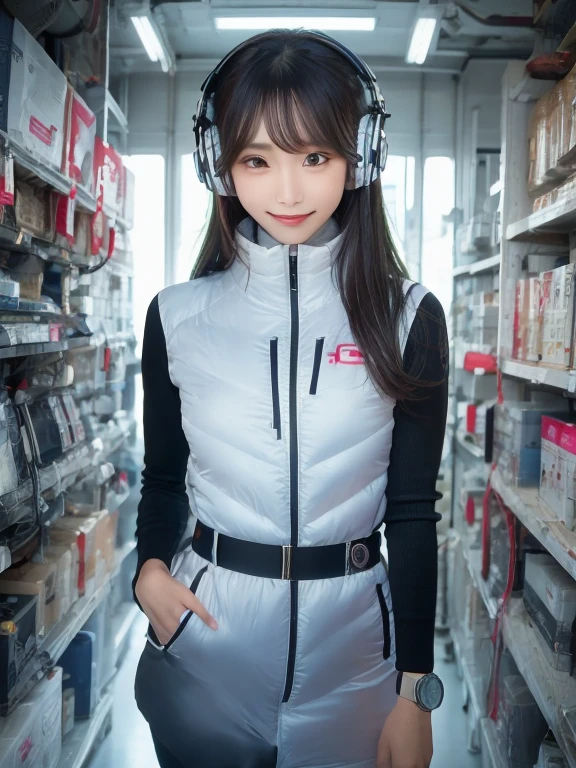 masterpiece, highest quality, Very detailed, 8K Portrait,Japanese Android Girl,plump , Control panel,Robotic arms and legs, Blunt bangs,,break (Metallic Gray, Metallic luster, Mirror finish, Astro Best):5,headphone:5,break (Black sleeves):100,Smart Watches,Futuristic space station,Control Room,break headphone,blue eyes,(Black Hair):2,(Long Hair):1.3,View the viewer,(respirator),break blush:3,Hidden Hand,smile