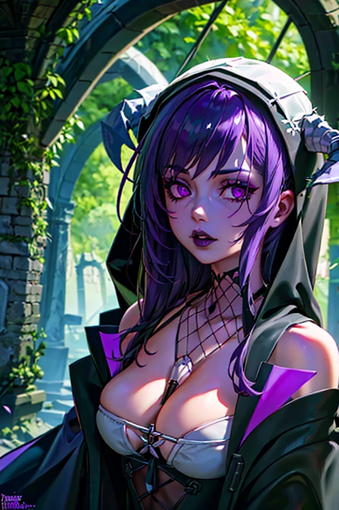 1girl, necromancer, dark robes, gloves, fishnets, dark veil, purple hair, purple eyes, black lipstick, in a graveyard, black flowers, gothic, horror, dynamic view