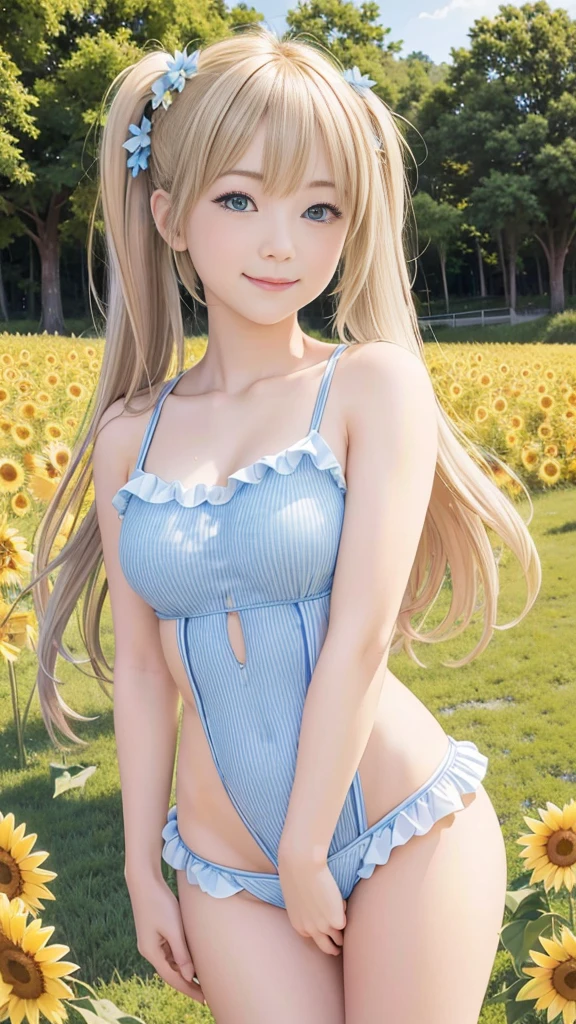 (8k, RAW Photos, Realistic, photo-Realistic:1.5), masterpiece, highest quality, High resolution, Very detailed, Detailed Background, Cinema Lighting, Dynamic Angle, Lens flare, dramatic, One girl, pretty girl, alone, Wind, Light blonde hair, blue eyes, Very long twin tails,, blue null, smile, Flying petals, flowery Field, null, sunflower, sun, Field, Fractal Art,Beautiful thighs、Nude Ruffle 
Completely naked
