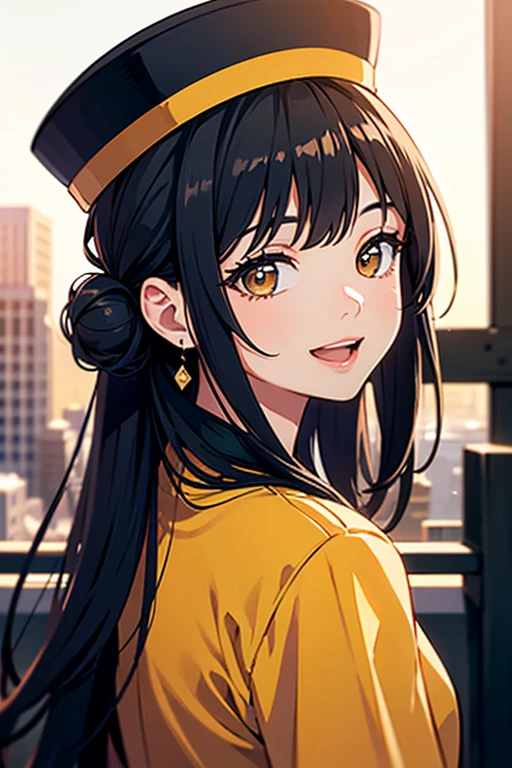 best quality, masterpiece, highres, 1girl, wearing a yellow and black outfit with a hat, Funny mischiefly smiling, opened mouth, glossy lips, back bun black  hair, detailed beautiful brown eyes, doing a poss, veiw down, detailed eyelash, Beautiful face,upon_body, tyndall effect,photorealistic, rim lighting, two tone lighting,(high detailed skin:1.2), 8k uhd, dslr, soft lighting, high quality, volumetric lighting, candid, Photograph, high resolution, 4k, 8k, Bokeh, in downtown, afternoon
