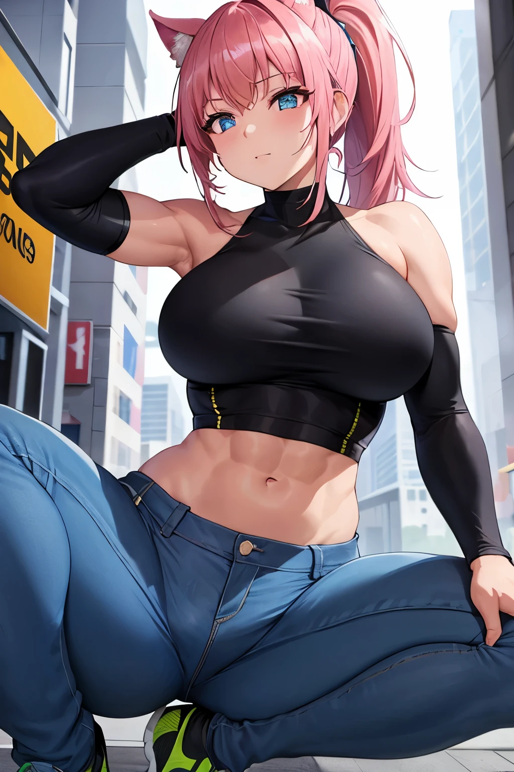 Masterpiece, best quality, beautiful girl, pretty face, neon city, ponytail, tight clothes, abs, big breasts, sexy,