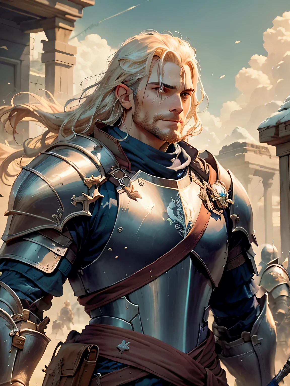 Your honorable paladin stands on the brink of destiny, clad in shining armor, with the weight of justice weighing on his shoulders.  to bravery echoes in their souls. They will keep their sacred oath, facing the shadows that threaten the land, strong, big armor, ::smiling