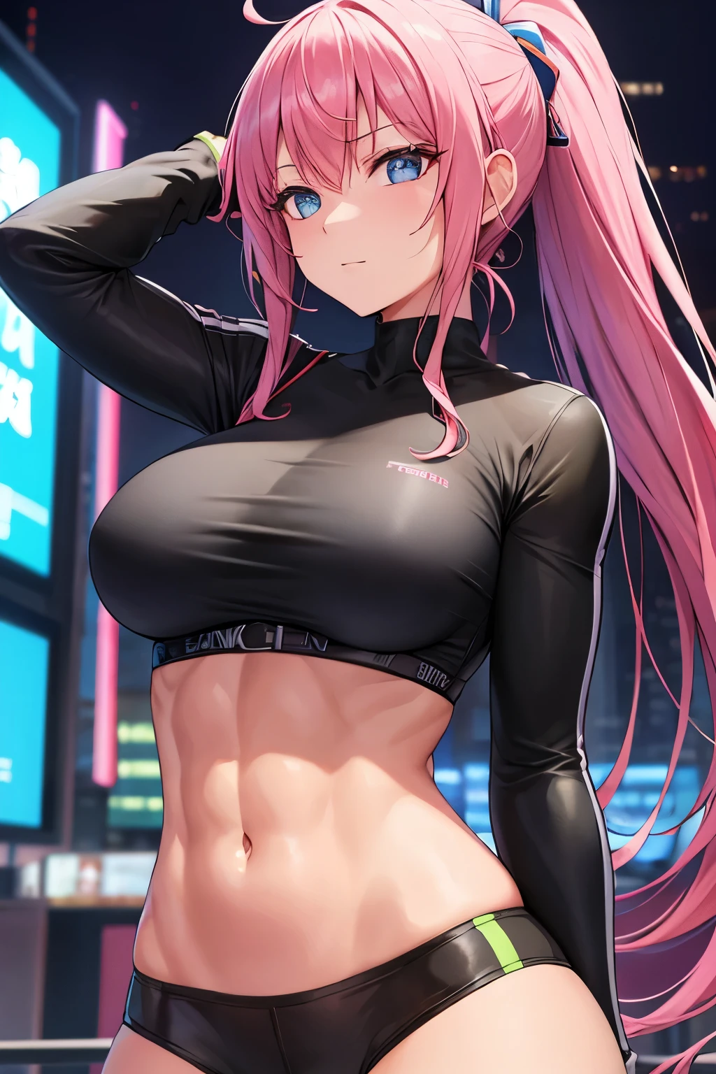 Masterpiece, best quality, beautiful girl, pretty face, neon city, ponytail, tight clothes, abs, big breasts, sexy,