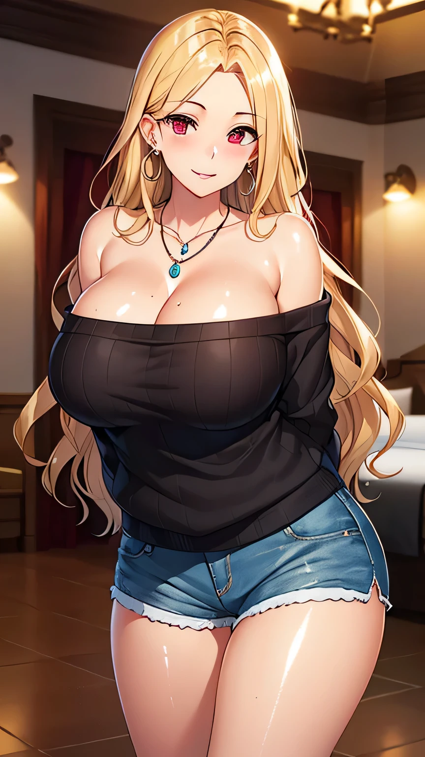 (masterpiece, highest quality:1.2),(Shiny skin:1.6), Upper Body, Detailed cloth texture, Detailed hair texture, One girl, alone, 17 year old girl sexy pose, Long eyelashes, Lips parted, shining pink lips, Red eyes, (The body is slim:1.1), (Beautiful blonde long hair:1.2), (Huge breasts:1.3), Floating Hair, (bangs), (Off-the-shoulder sweater, Shorts), (Cleavage), (necklace, Earrings), smile, Blushing, View your viewers, (Cowboy Shot:1.5), Hotel Rooms,Place your hands behind your back,arms behind back,glamorous pose,Hairstyle is wavy
