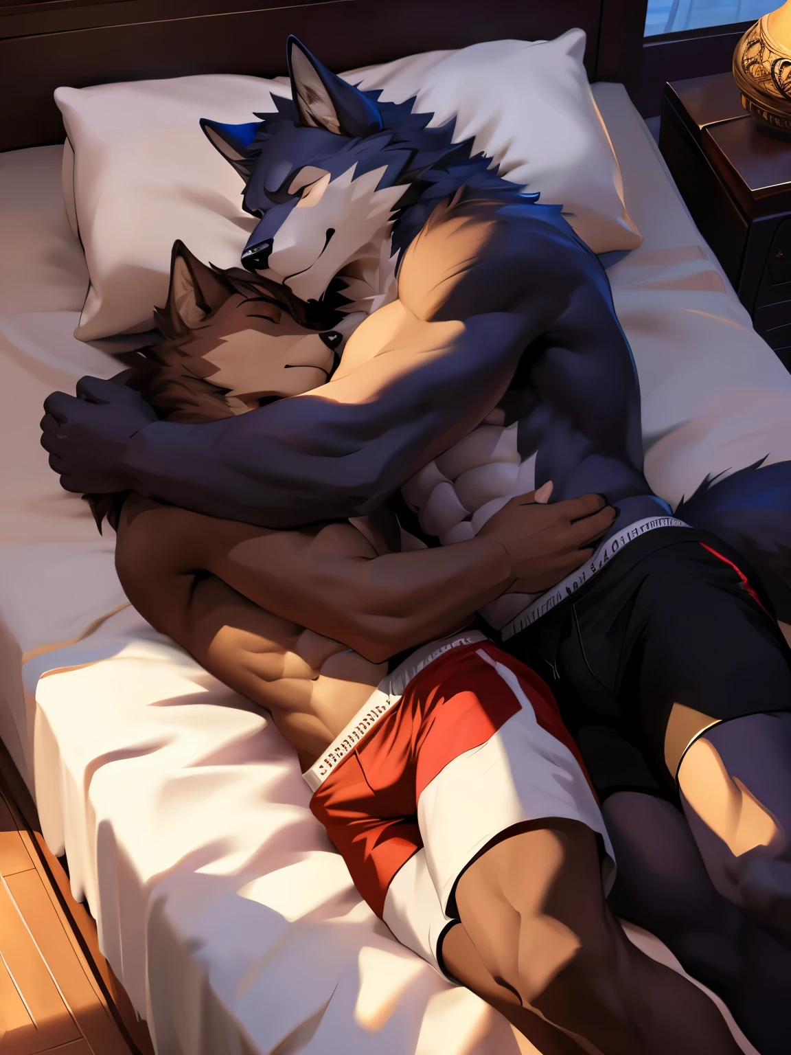 4k, high resolution, best quality, perfect colors, perfect shadows, perfect lighting, posted on e621, (by Chunie), male, furry, Two Wolf anthro, duo, eyes, (Realistic eye details 1.2), in bed, Sleeping, wearing shorts, with morning sunlight, abs, dramatic lighting, soft lighting, day, highly detail, Hair coiled, glare, delight, Sleeping position, Abstract beauty, centre, Dynamic, highly detailed, Liso, sharp focus, 8K, A high resolution, illustration, (2boy, duo), (duo_focus) size difference