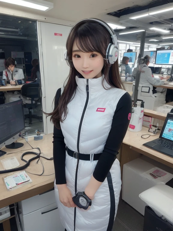 masterpiece, highest quality, Very detailed, 8K Portrait,Japanese Android Girl,plump , Control panel,Robotic arms and legs, Blunt bangs,,break (Metallic Gray, Metallic luster, Mirror finish, Astro Best):5,headphone:5,break (Black sleeves):100,Smart Watches,Futuristic space station,Control Room,break headphone,blue eyes,(Black Hair):2,(Long Hair):1.3,View the viewer,(respirator),break blush:3,Hidden Hand,smile