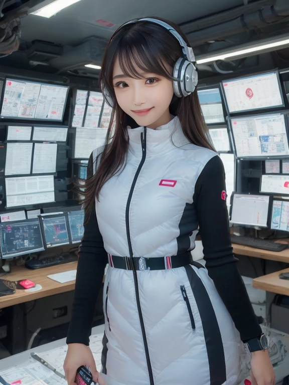 masterpiece, highest quality, Very detailed, 8K Portrait,Japanese Android Girl,plump , Control panel,Robotic arms and legs, Blunt bangs,,break (Metallic Gray, Metallic luster, Mirror finish, Astro Best):5,headphone:5,break (Black sleeves):100,Smart Watches,Futuristic space station,Control Room,break headphone,blue eyes,(Black Hair):2,(Long Hair):1.3,View the viewer,(respirator),break blush:3,Hidden Hand,smile