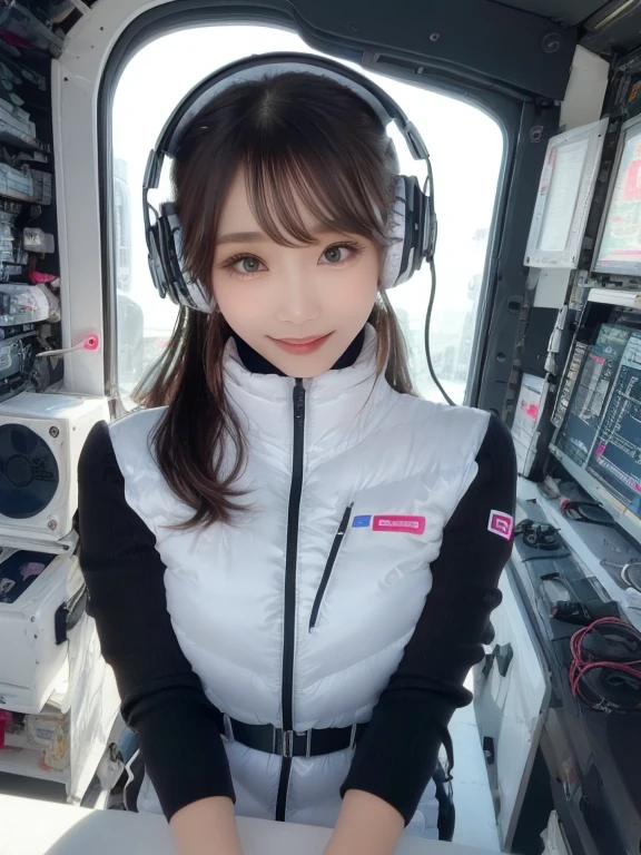 masterpiece, highest quality, Very detailed, 8K Portrait,Japanese Android Girl,plump , Control panel,Robotic arms and legs, Blunt bangs,,break (Metallic Gray, Metallic luster, Mirror finish, Astro Best):5,headphone:5,break (Black sleeves):100,Smart Watches,Futuristic space station,Control Room,break headphone,blue eyes,(Black Hair):2,(Long Hair):1.3,View the viewer,(respirator),break blush:3,Hidden Hand,smile