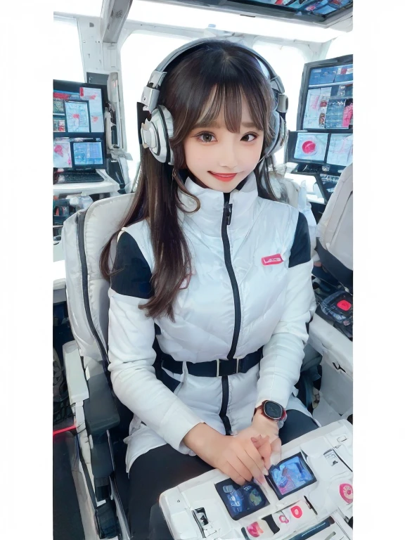 masterpiece, highest quality, Very detailed, 8K Portrait,Japanese Android Girl,plump , Control panel,Robotic arms and legs, Blunt bangs,,break (Metallic Gray, Metallic luster, Mirror finish, Astro Best):5,headphone:5,break (Black sleeves):100,Smart Watches,Futuristic space station,Control Room,break headphone,blue eyes,(Black Hair):2,(Long Hair):1.3,View the viewer,(respirator),break blush:3,Hidden Hand,smile