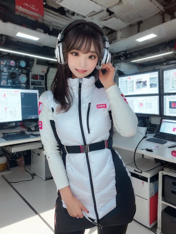 masterpiece, highest quality, Very detailed, 8K Portrait,Japanese Android Girl,plump , Control panel,Robotic arms and legs, Blunt bangs,,break (Metallic Gray, Metallic luster, Mirror finish, Astro Best):5,headphone:5,break (Black sleeves):100,Smart Watches,Futuristic space station,Control Room,break headphone,blue eyes,(Black Hair):2,(Long Hair):1.3,View the viewer,(respirator),break blush:3,Hidden Hand,smile
