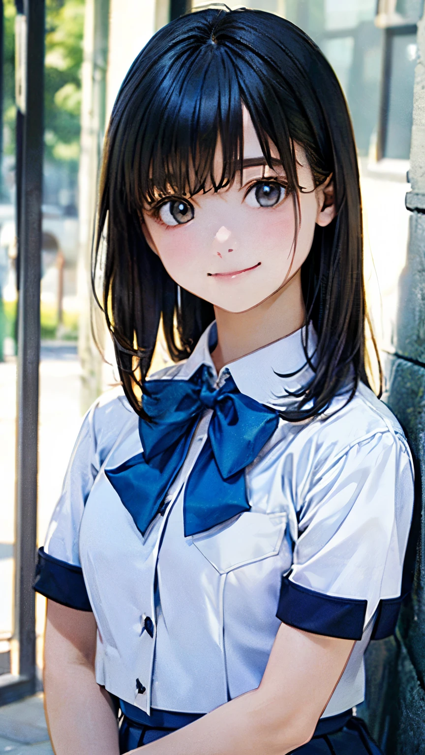 (masterpiece:1.2, highest quality), (Realistic, photoRealistic:1.4), Beautiful illustrations, (Natural Side Lighting, Cinema Lighting), 
View Viewer, 1 girl, Japanese, Junior high school girl, 12 years old, Perfect Face, cute and symmetrical face, Shiny skin, 
((Detailed cloth texture, Short sleeve white collar shirt, Blue pleated mini skirt, Blue Bowtie)), 
(Beautiful views), evening, (Outdoor), Are standing, (cute, Cute smile, Upward glance),
