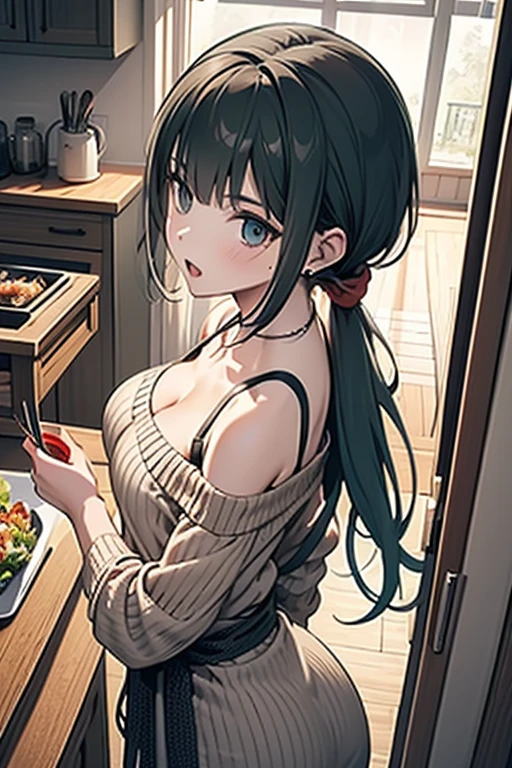 (small breasts:1.3), (perky chest:1.1), (pointed chest:1.0), (vegitable magazine cover:1.3),(from above:1.2),(from side:0.9),masterpiece, a 18yo girl, Amazing Cleavage:1.1, thin waist, big ass, Raised sexy, small breast: 1.3, posed cleavage:1.2, open mouth, have a cute grass of cute beergrass,black hair, dark green eyes, dress, bare shoulders, jewelry, collarbone, sidelocks, hairband, earrings, indoors, off shoulder sweater:1.1, arms behind back, plant, short hair with long locks, gild hairband, off-shoulder dress, sweater dress, off-shoulder sweater, red sweater, dark gord hair, big side hair, very long side hair,is rendered in (masterpiece: 1.2, best quality), with (ultra high resolution) and an exquisite (depth of field). This masterpiece is not only visually stunning but also tells,A scene of cooking in the kitchen by classroom,looking at viewer,