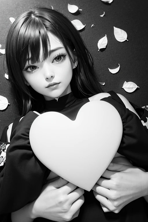 A heart,leaves,black and white