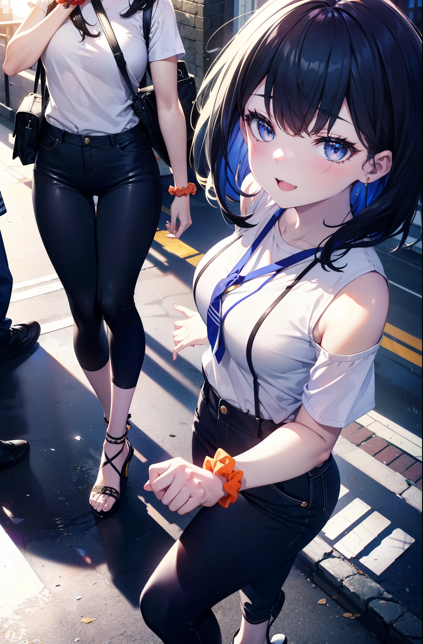 Rikka body, rikka takarada, Black Hair, blue eyes, Long Hair, orange Scrunchie, Scrunchie, wrist Scrunchie,happy smile, smile, Open your mouth,Cold shoulder tops,Short sleeve,skinny pants,Stiletto heels,Walking,morning,morning陽,The sun is rising,So that the whole body goes into the illustration,
Destroy outdoors, In town,Building district,
壊す looking at viewer, Systemic
break (masterpiece:1.2), highest quality, High resolution, unity 8k wallpaper, (figure:0.8), (Beautiful fine details:1.6), Highly detailed face, Perfect lighting, Highly detailed CG, (Perfect hands, Perfect Anatomy),