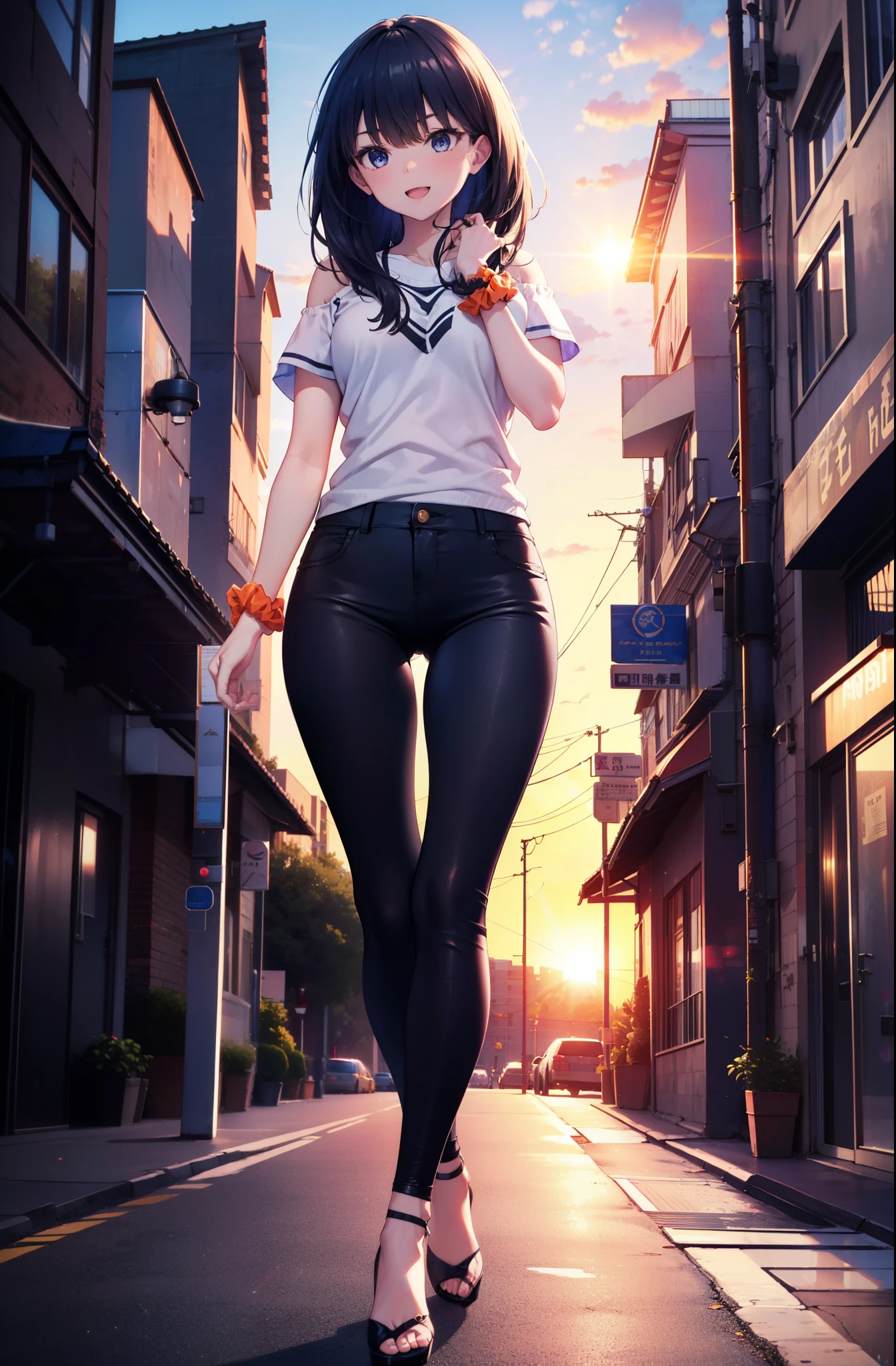 Rikka body, rikka takarada, Black Hair, blue eyes, Long Hair, orange Scrunchie, Scrunchie, wrist Scrunchie,happy smile, smile, Open your mouth,Cold shoulder tops,Short sleeve,skinny pants,Stiletto heels,Walking,morning,morning陽,The sun is rising,So that the whole body goes into the illustration,
Destroy outdoors, In town,Building district,
壊す looking at viewer, Systemic
break (masterpiece:1.2), highest quality, High resolution, unity 8k wallpaper, (figure:0.8), (Beautiful fine details:1.6), Highly detailed face, Perfect lighting, Highly detailed CG, (Perfect hands, Perfect Anatomy),