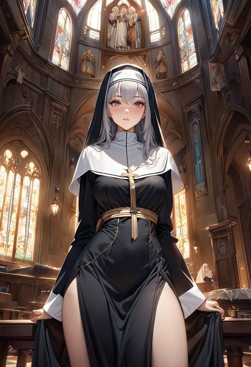(Perfect Anatomy)、Mastepiece、Ultra High Quality、 8K、Photorealistic、masterpiece、highest quality、Ultra-high resolution、Maximum resolution、Very detailed、Professional Lighting、anime、Adult female、thin、so beautiful、Nuns、Sister Costume、Enamel bondage nuns' uniform、Garter Stockings、Equipped with a machine gun、、Blue eyes、Blonde、Drill Hair、Curly Hair、Earrings、Fingerless gloves、High heels、