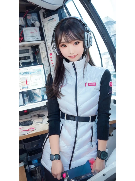 masterpiece, highest quality, Very detailed, 8K Portrait,Japanese Android Girl,plump , Control panel,Robotic arms and legs, Blunt bangs,,break (Metallic Gray, Metallic luster, Mirror finish, Astro Best):5,headphone:5,break (Black sleeves):100,Smart Watches,Futuristic space station,Control Room,break headphone,blue eyes,(Black Hair):2,(Long Hair):1.3,View the viewer,(respirator),break blush:3,Hidden Hand,smile