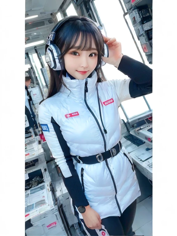 masterpiece, highest quality, Very detailed, 8K Portrait,Japanese Android Girl,plump , Control panel,Robotic arms and legs, Blunt bangs,,break (Metallic Gray, Metallic luster, Mirror finish, Astro Best):5,headphone:5,break (Black sleeves):100,Smart Watches,Futuristic space station,Control Room,break headphone,blue eyes,(Black Hair):2,(Long Hair):1.3,View the viewer,(respirator),break blush:3,Hidden Hand,smile