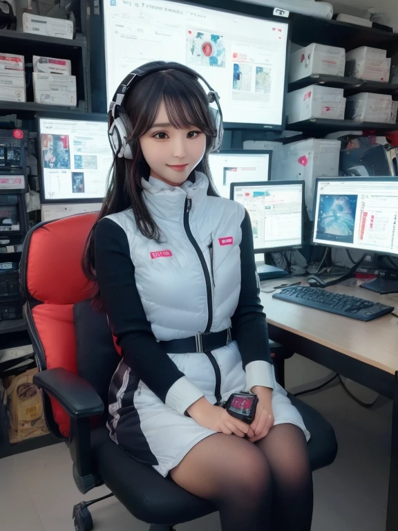 masterpiece, highest quality, Very detailed, 8K Portrait,Japanese Android Girl,plump , Control panel,Robotic arms and legs, Blunt bangs,,break (Metallic Gray, Metallic luster, Mirror finish, Astro Best):5,headphone:5,break (Black sleeves):100,Smart Watches,Futuristic space station,Control Room,break headphone,blue eyes,(Black Hair):2,(Long Hair):1.3,View the viewer,(respirator),break blush:3,Hidden Hand,smile