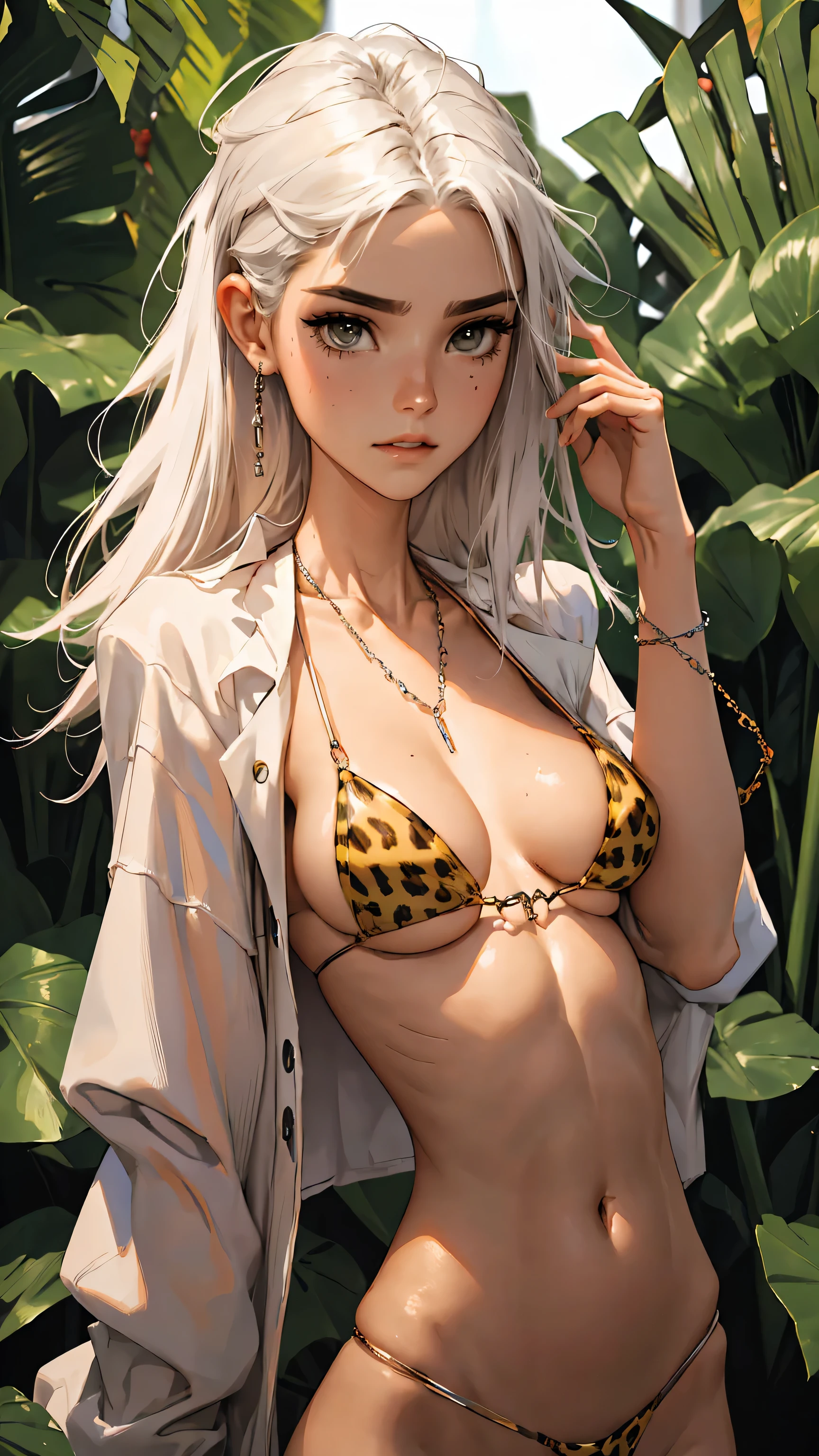 （lifelike， high - resolution：1.3）， 1 girl with a perfect body，slender body, Super fine face and eyes，assasin, dark makeup, shiny skin，white hair, (jungle bikini, cheetah print micro bikini)，Expose cleavage, (bracelets, tooth jewelry, a lot of necklaces, very long necklaces, necklaces down to stomach, body chains, waist chains)