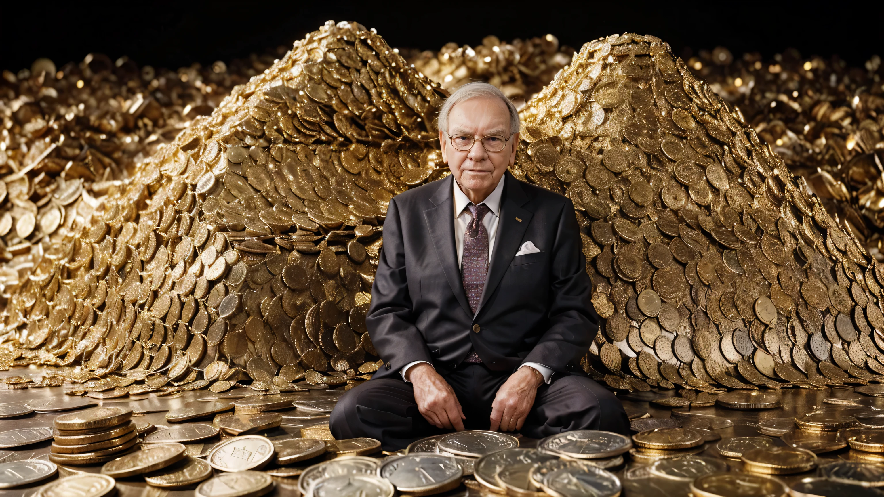Warren Buffett, A detailed and realistic image of a stranger in a suit, Surrounded by a pile of gold coins and diamonds, ultra-realistic image, hyper-detailed realistic skin, Look for an ultra-realistic image.