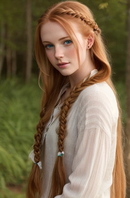 Young redhead woman with long braided hair. 