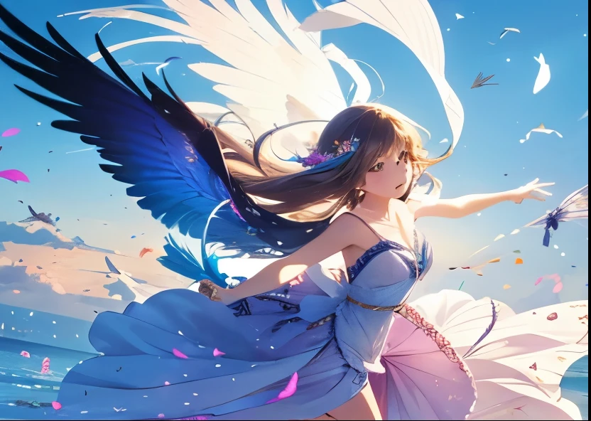 Colorful feathers flying in a daze Beautiful light flying in a daze A beautiful illustration of a girl with long hair in a fluttering dress running