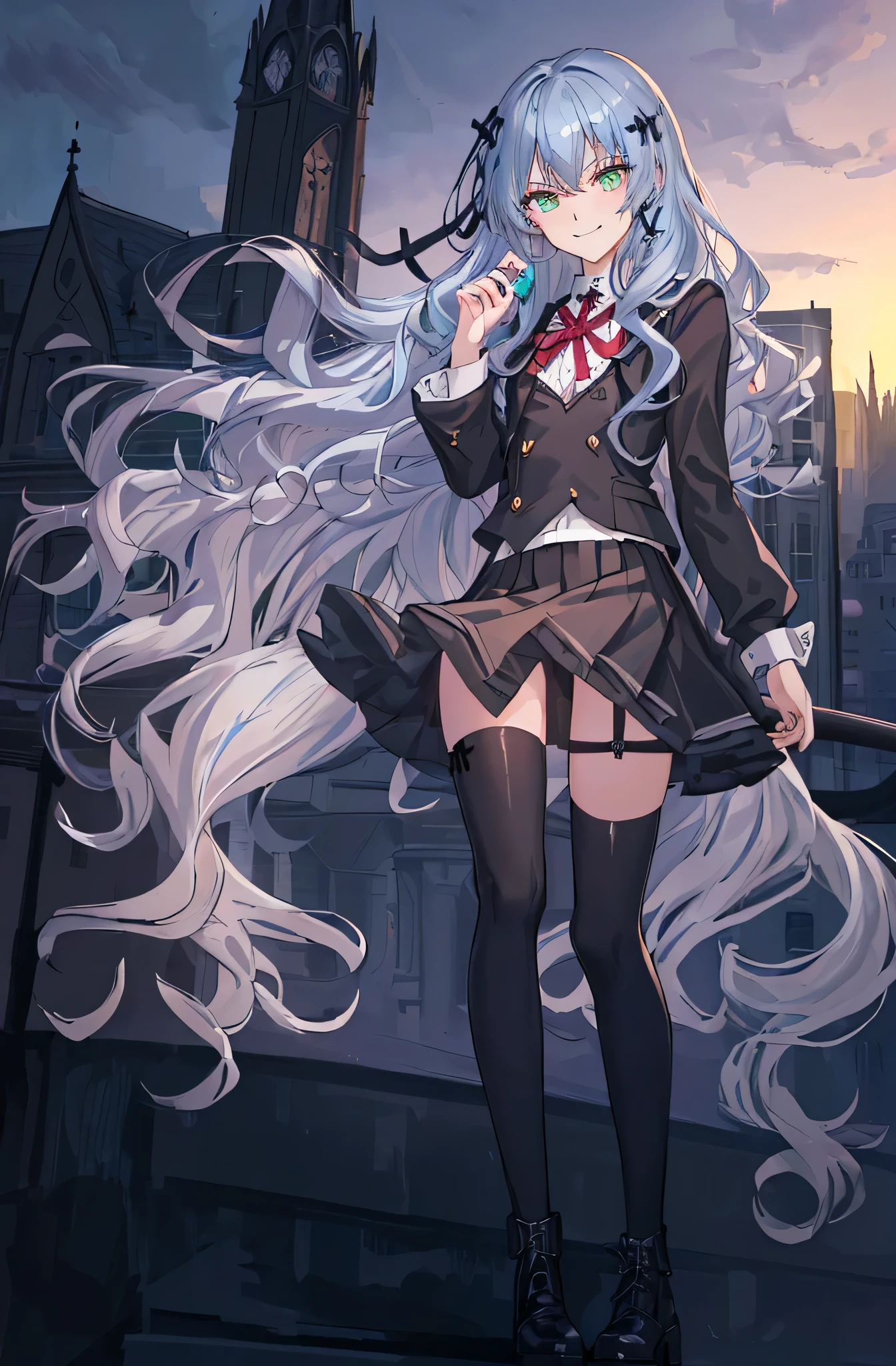 city background,original,(illustration:1.1),(best quality),(masterpiece:1.1),(extremely detailed CG unity 8k wallpaper:1.1), (colorful:0.9),(mid shot:0.95),(highly detailed beautiful face and body),(solo:1.2), (girl),(((adult))), (detailed beautiful eyes:1.15), (beautiful face:1.15), (glowing green eyes:1.25////),((jewel-like eyes)),(petite),(cute girl),(((blue long hair))),((blue long hair)),(wavy hair),((wavy hair)),(+perfect hand+:1.21),(gothic school uniform),(Religious),(slender),(black clothes),(gothic ribbon),ribbon tie,small breasts,miniskirt,gothic boots,black thighhighs,slim body,(evil smile),detailed background,city street,eluding,erotic thighs,