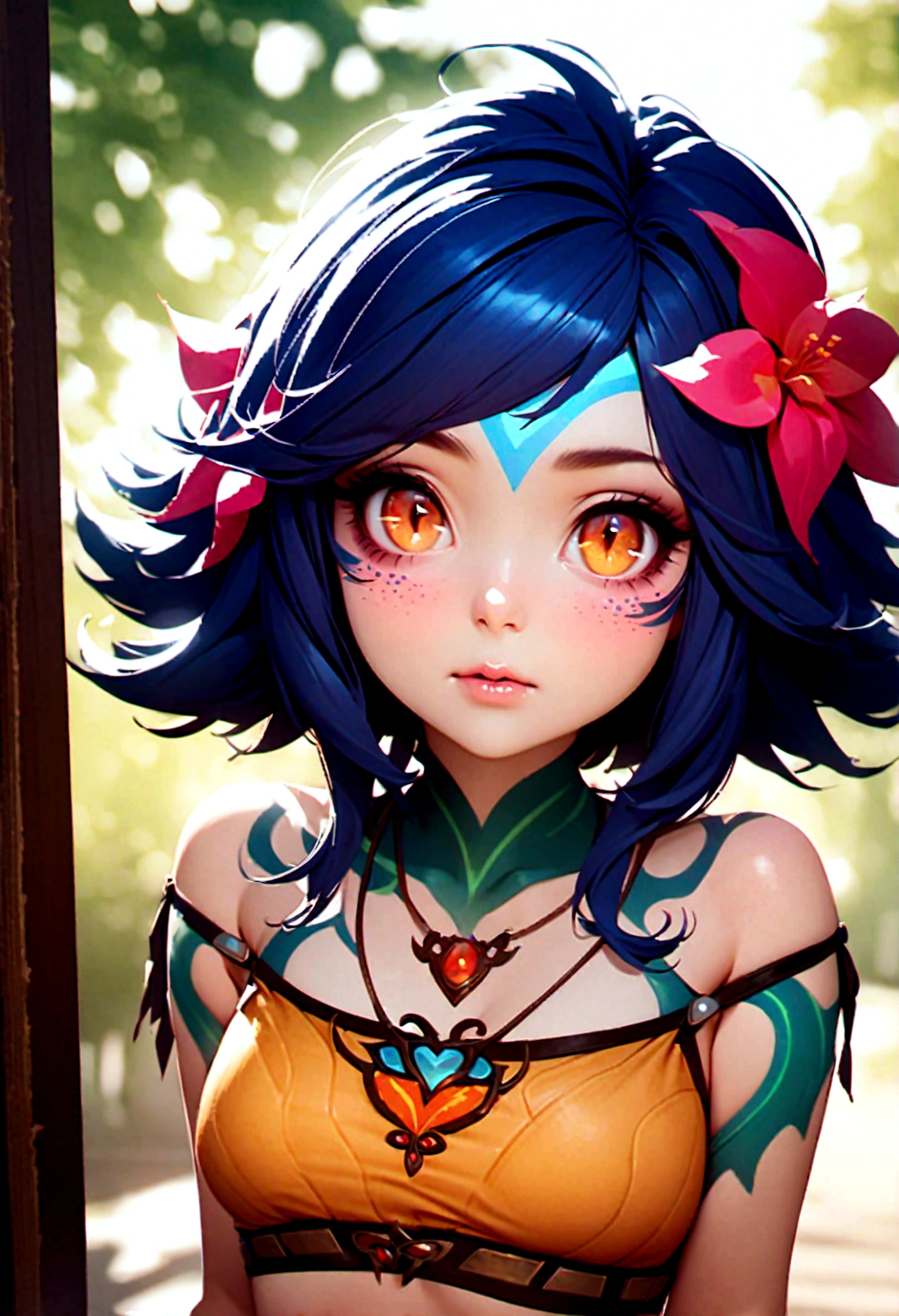 masterpiece,(best quality,top quality,8k),ultra detailed,illustration,painting,detailed eyes and face,(1girl),neeko, multicolored hair,(short hair), facial mark, forehead mark, hair ornament, hair flower, necklace,brown crop top,(puffy eyes),good contrast , high sharpness,(gorgeous),realistic,RAW Photography,(hyperdetailed:1.2)