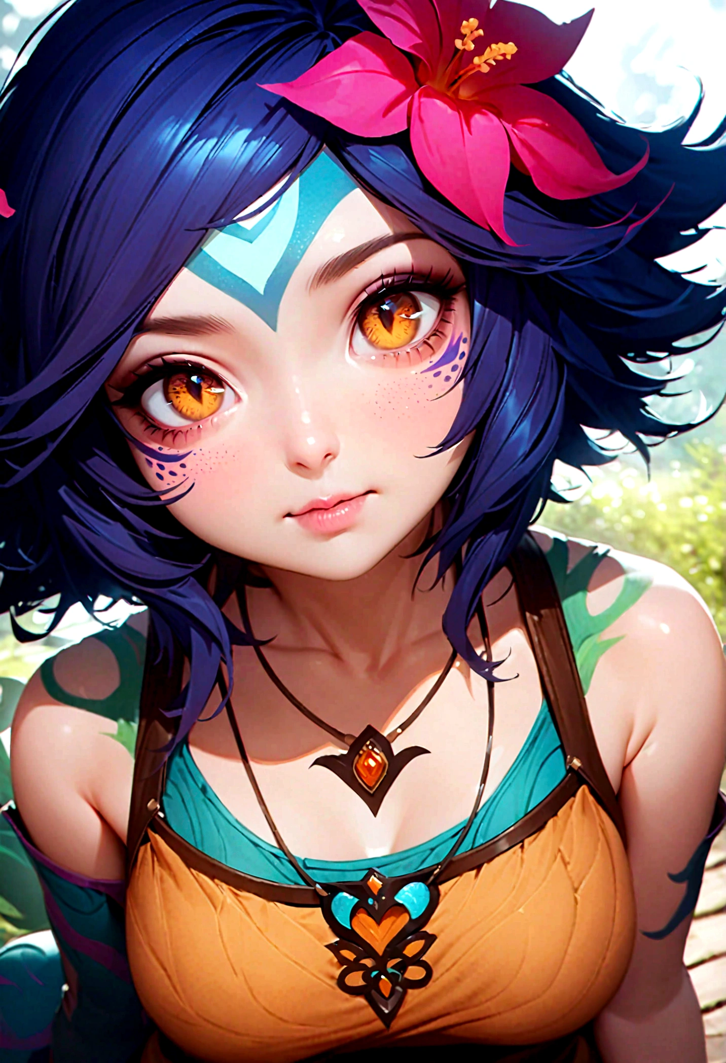 masterpiece,(best quality,top quality,8k),ultra detailed,illustration,painting,detailed eyes and face,(1girl),neeko, multicolored hair,(short hair), facial mark, forehead mark, hair ornament, hair flower, necklace,brown crop top,(puffy eyes),good contrast , high sharpness,(gorgeous),realistic,RAW Photography,(hyperdetailed:1.2)