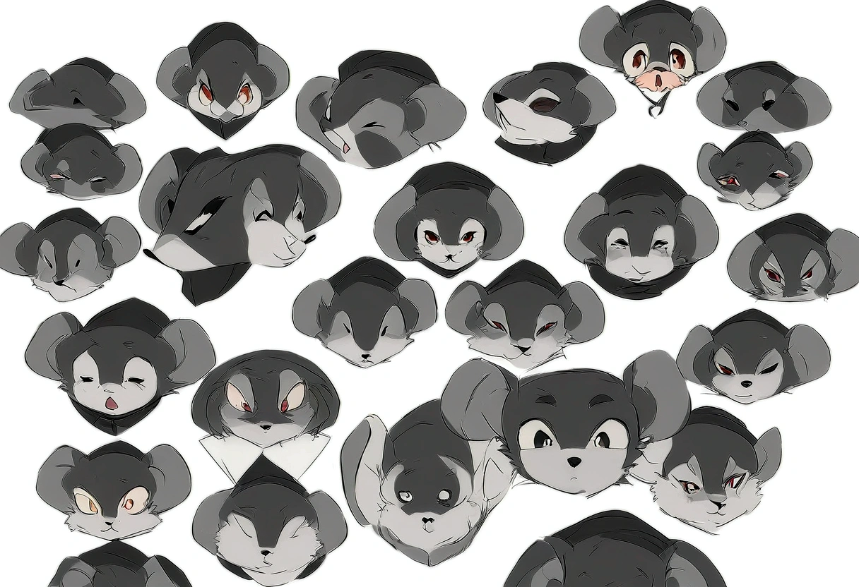 In this stunning anime-inspired illustration, concept art of a character's face that is a black-skinned mouse, with multiple different expressions. The white background emphasizes the mouse's black fur, creating a strong contrast. focusing on conceptual art, resulting in several versions of the character's face with varied expressions.