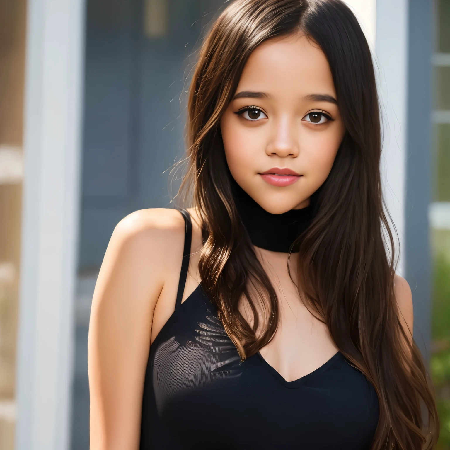 Photo portrait of 21 years old Jenna Ortega, Ein atemberaubendes, detailed color portrait of (sks frau:1), wearing a black patent leather dress, epische Charakterkomposition, Von Ilya Kuvshinov, alessio albi, Nina Masic, scharfer Fokus, natural lighting, Untergrundstreuung, f2, 35mm, Filmkorn, 