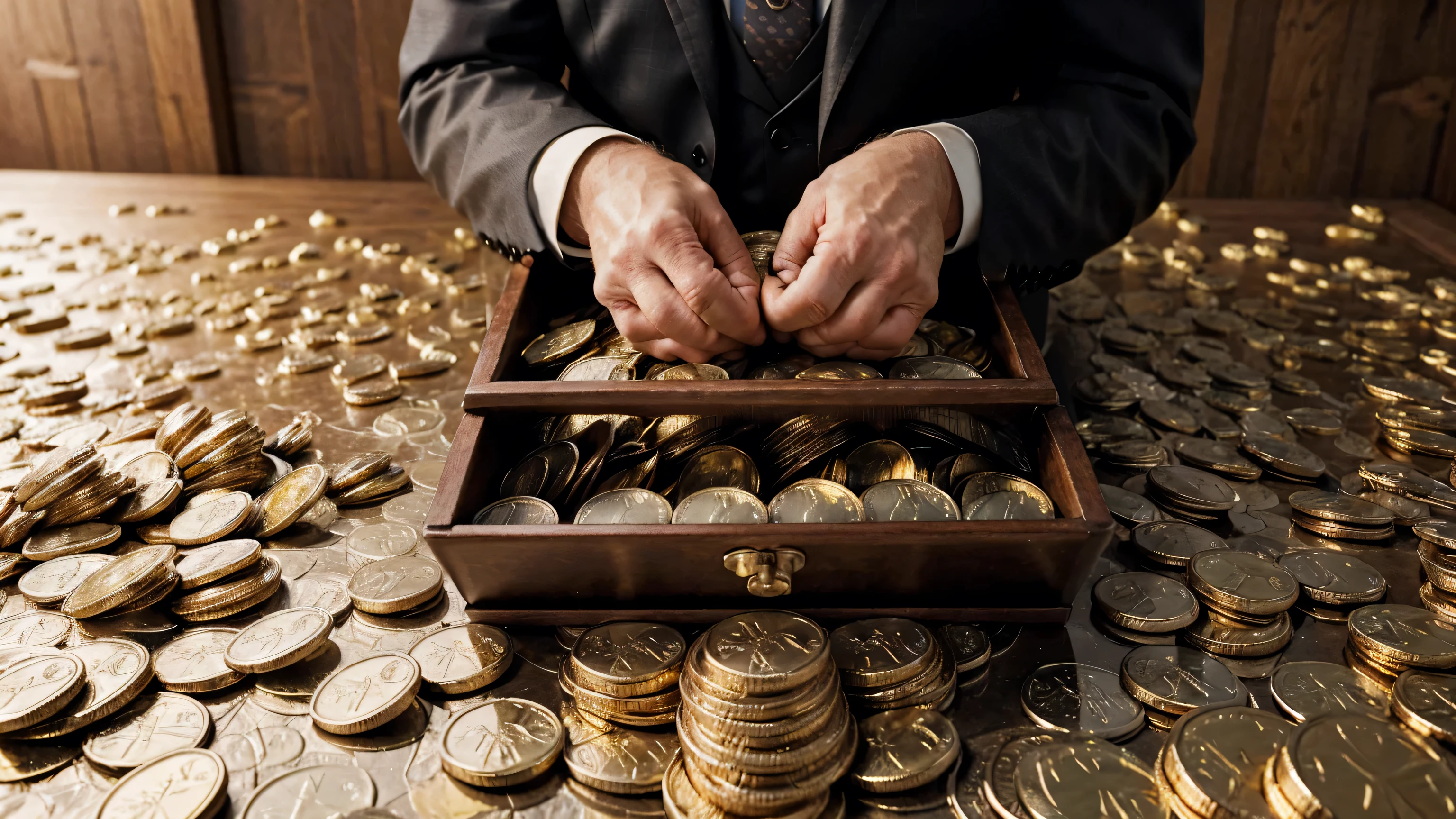 Warren Buffett, A detailed and realistic image of a stranger in a suit, Surrounded by a pile of gold coins and diamonds, ultra-realistic image, hyper-detailed realistic skin, Look for an ultra-realistic image.