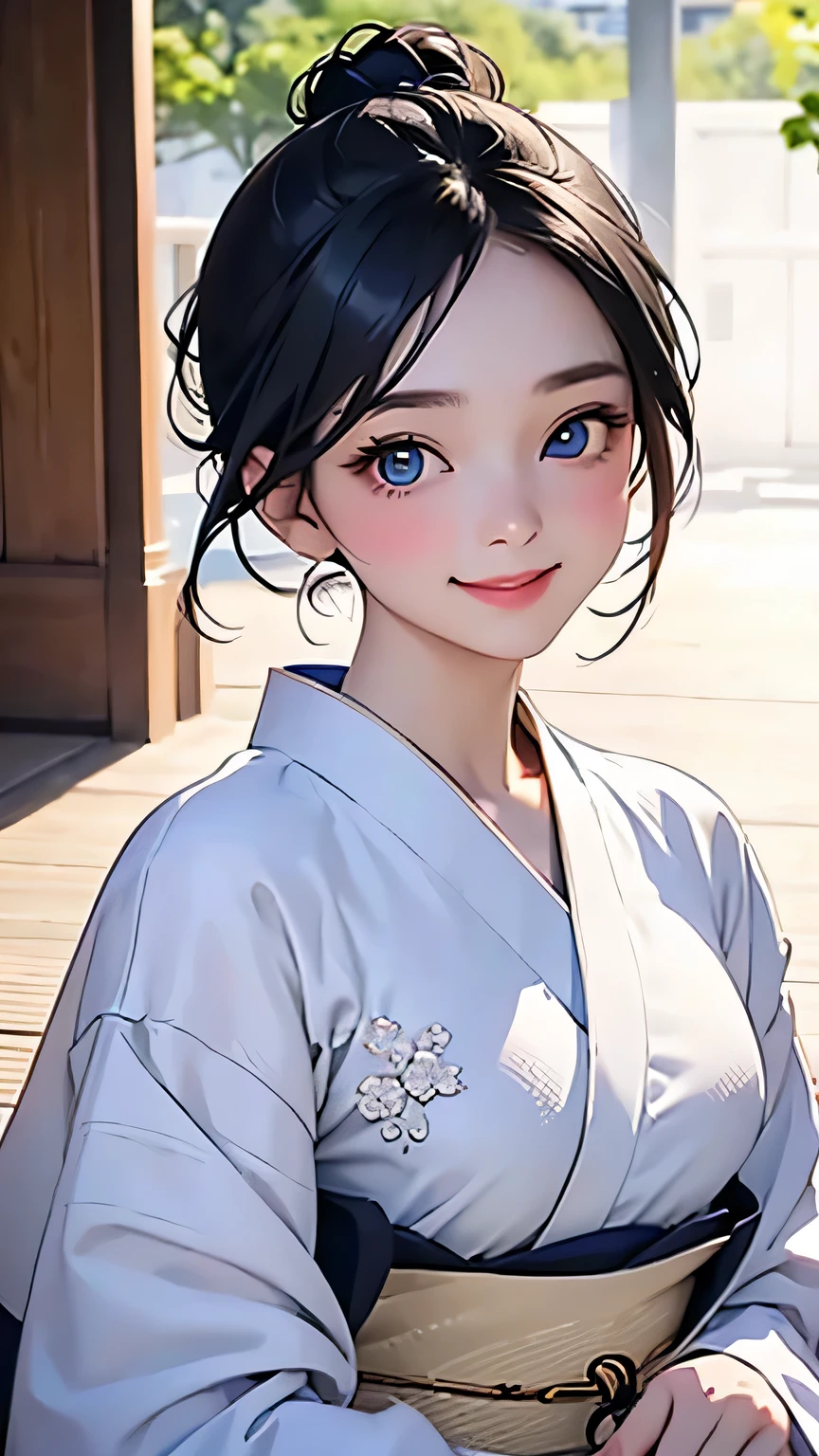 highest quality、Realistic、Women、zoom、cute、Blue Eyes、black hair、Bun Hair、kimono、White Lingerie、smile、Looking down、smile、Bust Shot、