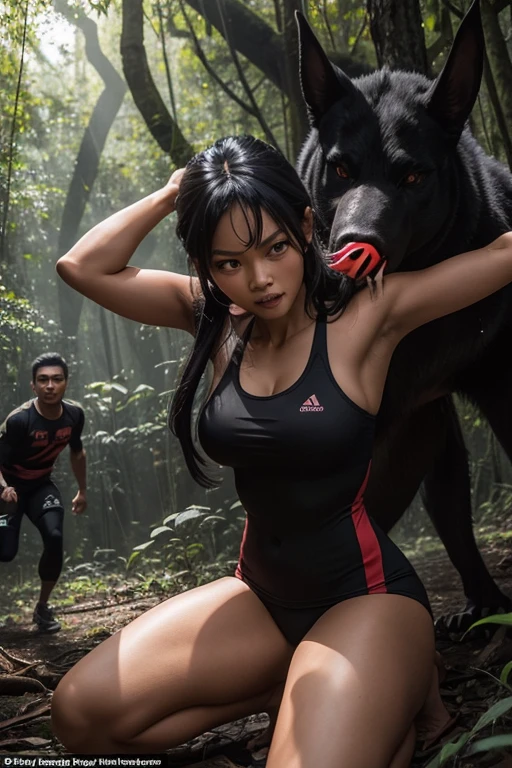 a beautiful Indonesian woman dressed in tight short sportswear was chased by three large black creatures with sharp nails, fangs, hairy bodies and red eyes in the afternoon in the forest.