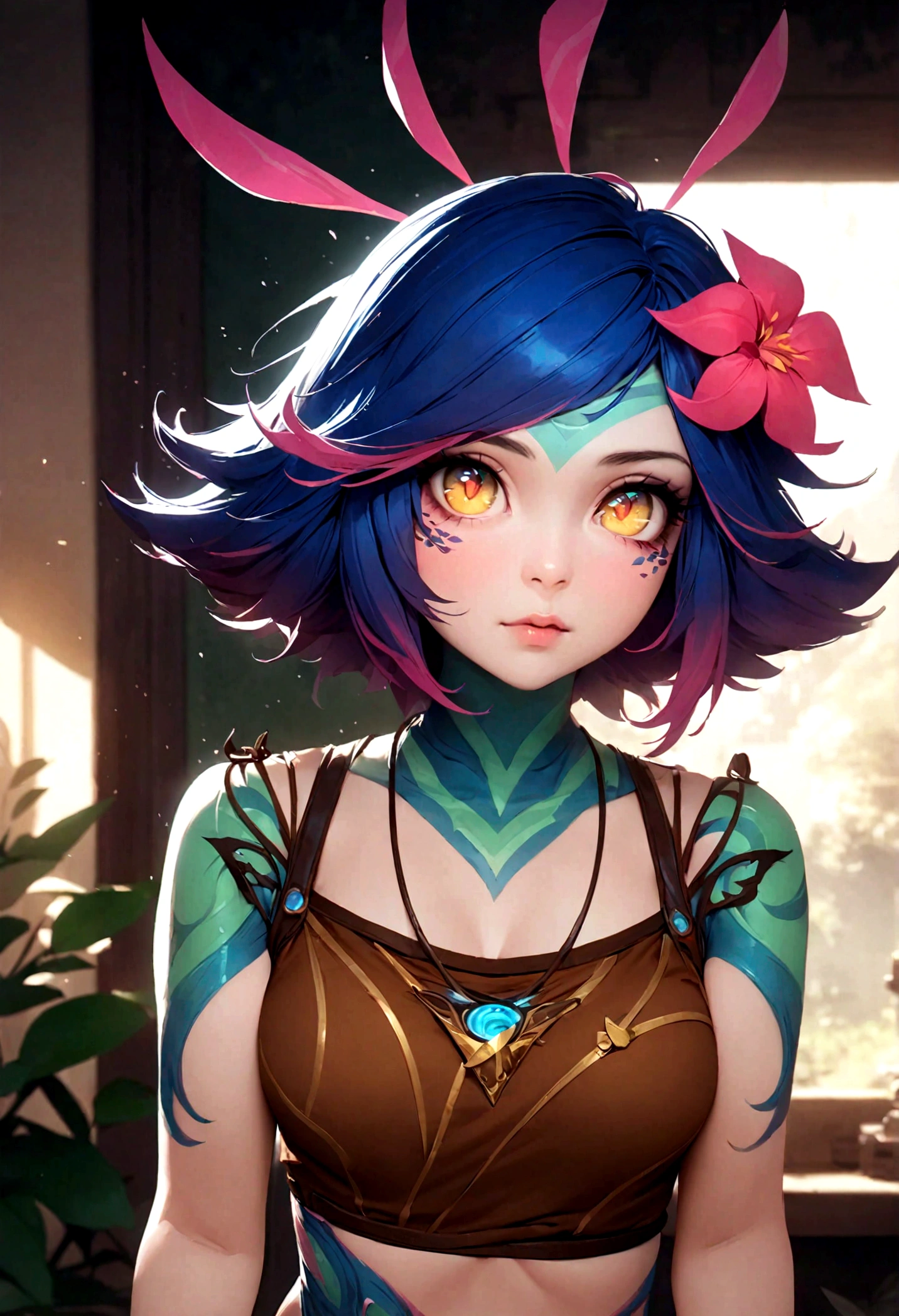 masterpiece,(best quality,top quality,8k),ultra detailed,illustration,painting,detailed eyes and face,(1girl),neeko, multicolored hair,(short hair), facial mark, forehead mark, hair ornament, hair flower, necklace,brown crop top,(puffy eyes),good contrast , high sharpness,(gorgeous),realistic,RAW Photography,(hyperdetailed:1.2),room