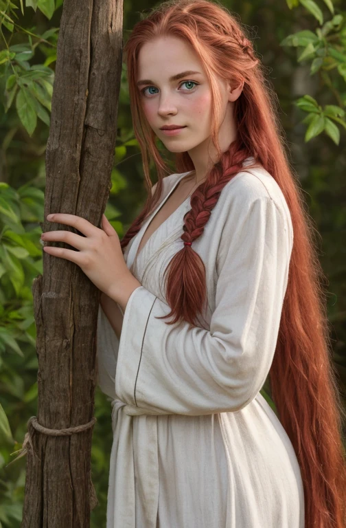 A young girl with long, braided red hair. Elle porte une longue robe de voyage du moyen-âge. Elle a les yeux verts 