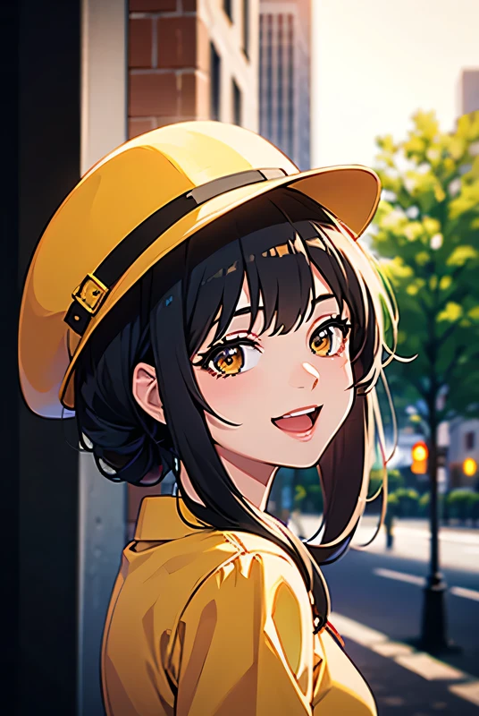 best quality, masterpiece, highres, 1girl, wearing a yellow and black outfit with a hat, Funny mischiefly smiling, opened mouth, glossy lips, back bun black hair, detailed beautiful brown eyes, doing a poss, veiw down, detailed eyelash, Beautiful face,upon_body, tyndall effect,photorealistic, rim lighting, two tone lighting,(high detailed skin:1.2), 8k uhd, dslr, soft lighting, high quality, volumetric lighting, candid, Photograph, high resolution, 4k, 8k, Bokeh, in downtown, afternoon