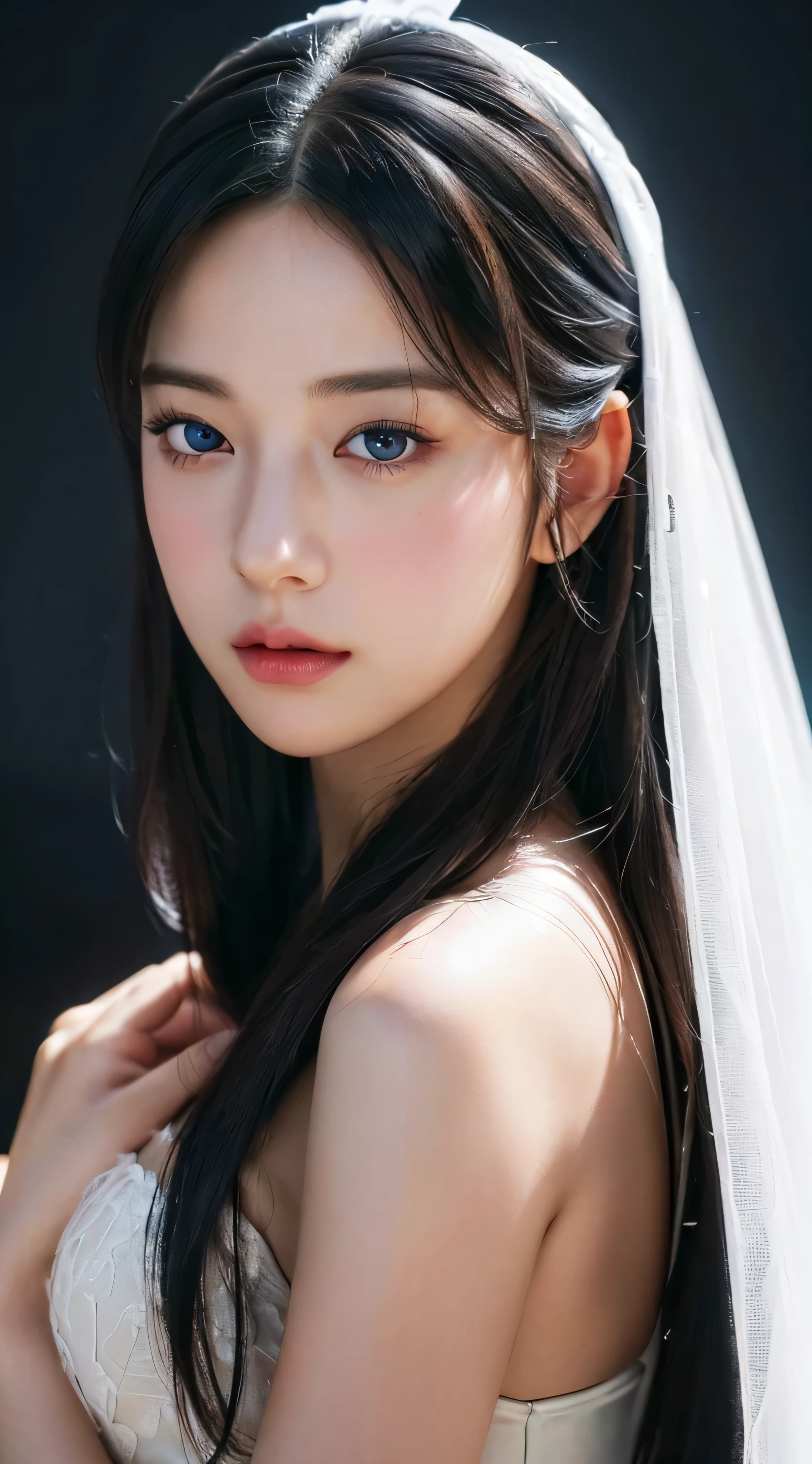 (Best quality,4K,8K,A high resolution,Masterpiece:1.2),Ultra-detailed,(Realistic,Photorealistic,photo-realistic:1.37),beautiful detailed blue eyes,Long black hair in a high bun,Detailed red veil,Portrait,Sharp focus,professional,Vivid colors,Dark background,Studio lighting