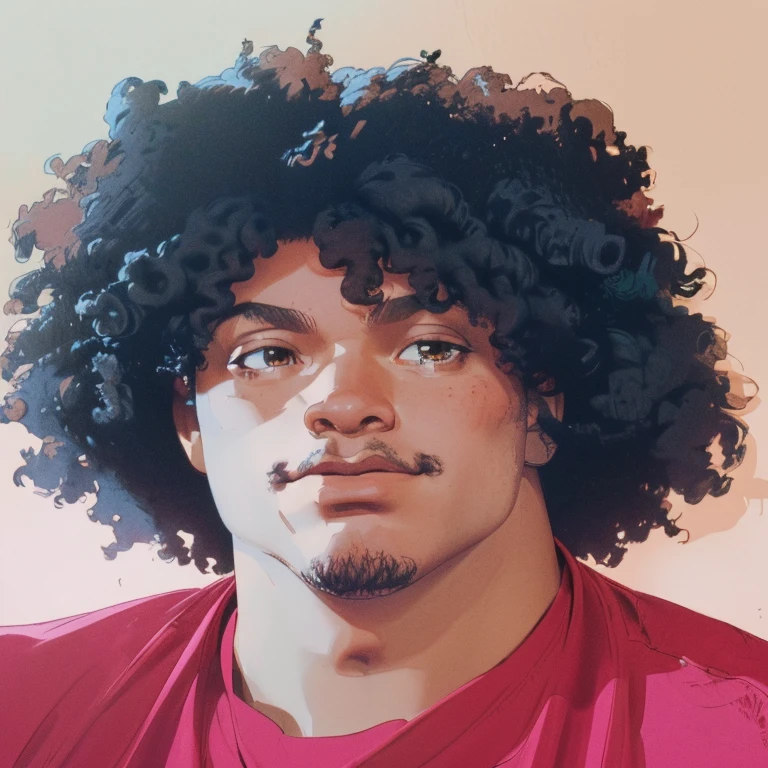 homem arafiado com camisa vermelha e cabelo afro preto, um homem negro com longos cabelos cacheados, com afro, afro encaracolado, cerca de 19 anos, curls on top of the head, black man com afro hair, taken at the beginning of 2020, East African man with curly hair, afro, afro vermelho, full head shot, grande afro