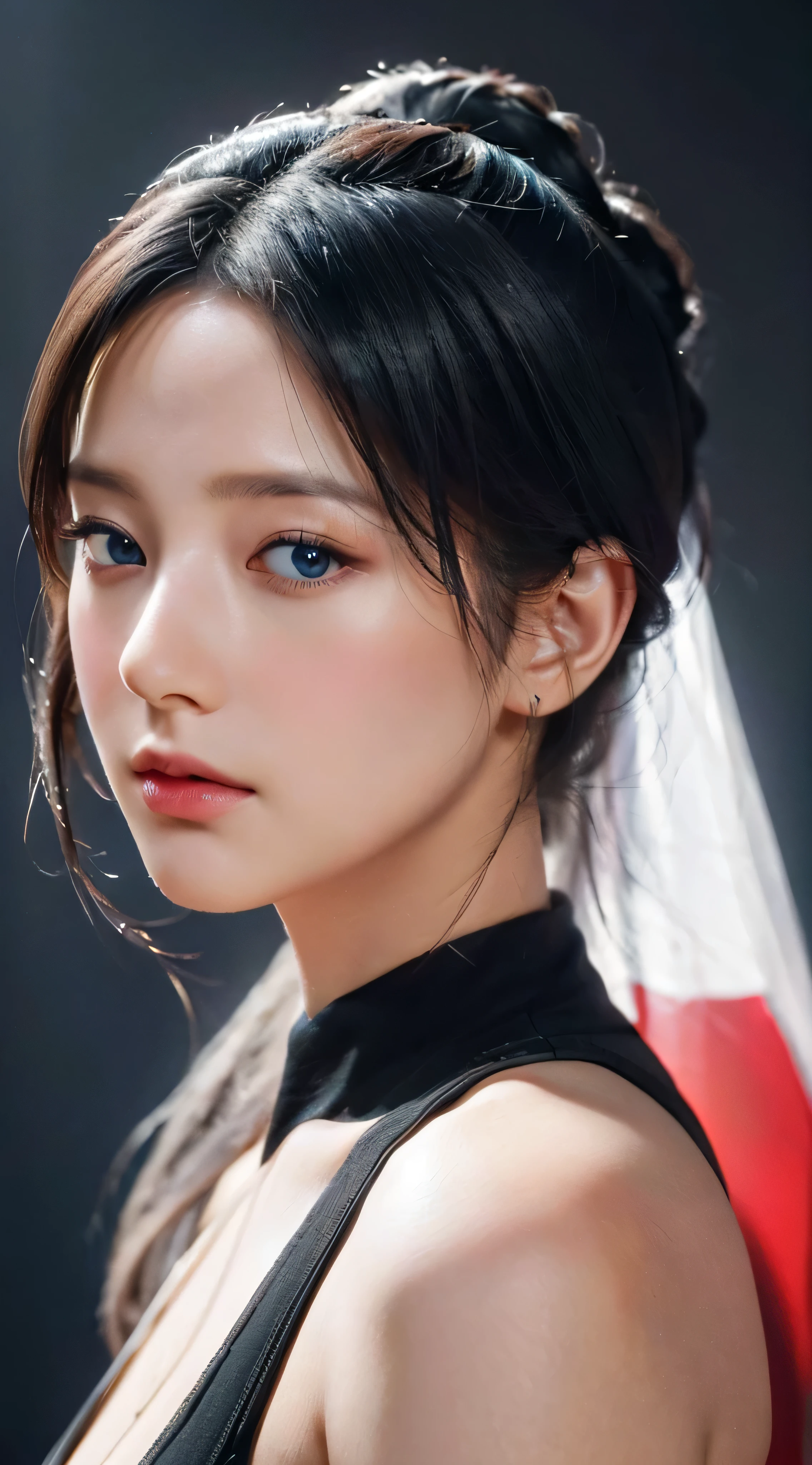 (Best quality,4K,8K,A high resolution,Masterpiece:1.2),Ultra-detailed,(Realistic,Photorealistic,photo-realistic:1.37),beautiful detailed blue eyes,Long black hair in a high bun,Detailed red veil,Portrait,Sharp focus,professional,Vivid colors,Dark background,Studio lighting