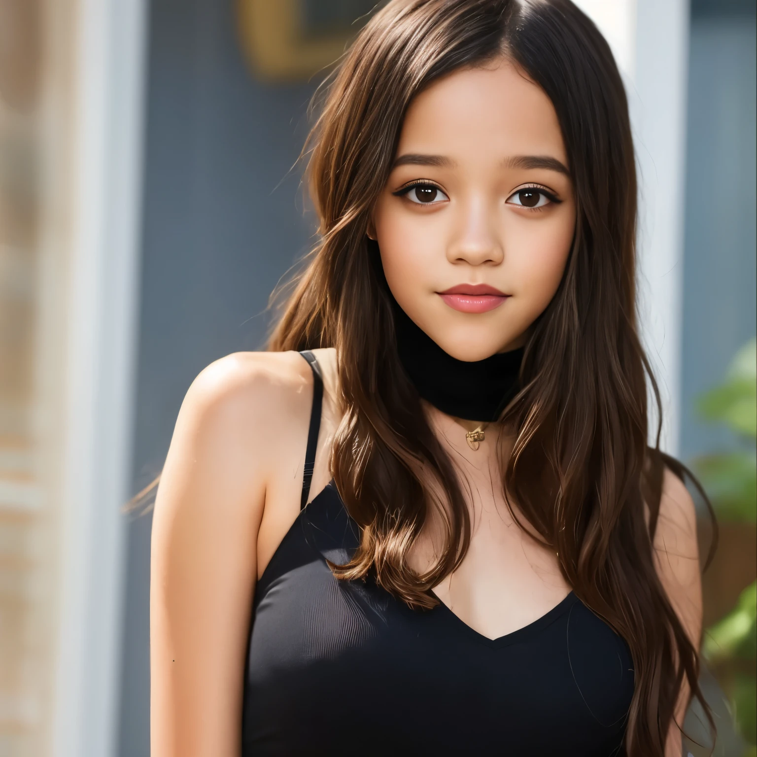 Photo portrait of 21 years old Jenna Ortega, Ein atemberaubendes, detailed color portrait of (sks frau:1), wearing a black transparent vinyl dress, epische Charakterkomposition, Von Ilya Kuvshinov, alessio albi, Nina Masic, scharfer Fokus, natural lighting, Untergrundstreuung, f2, 35mm, Filmkorn, 