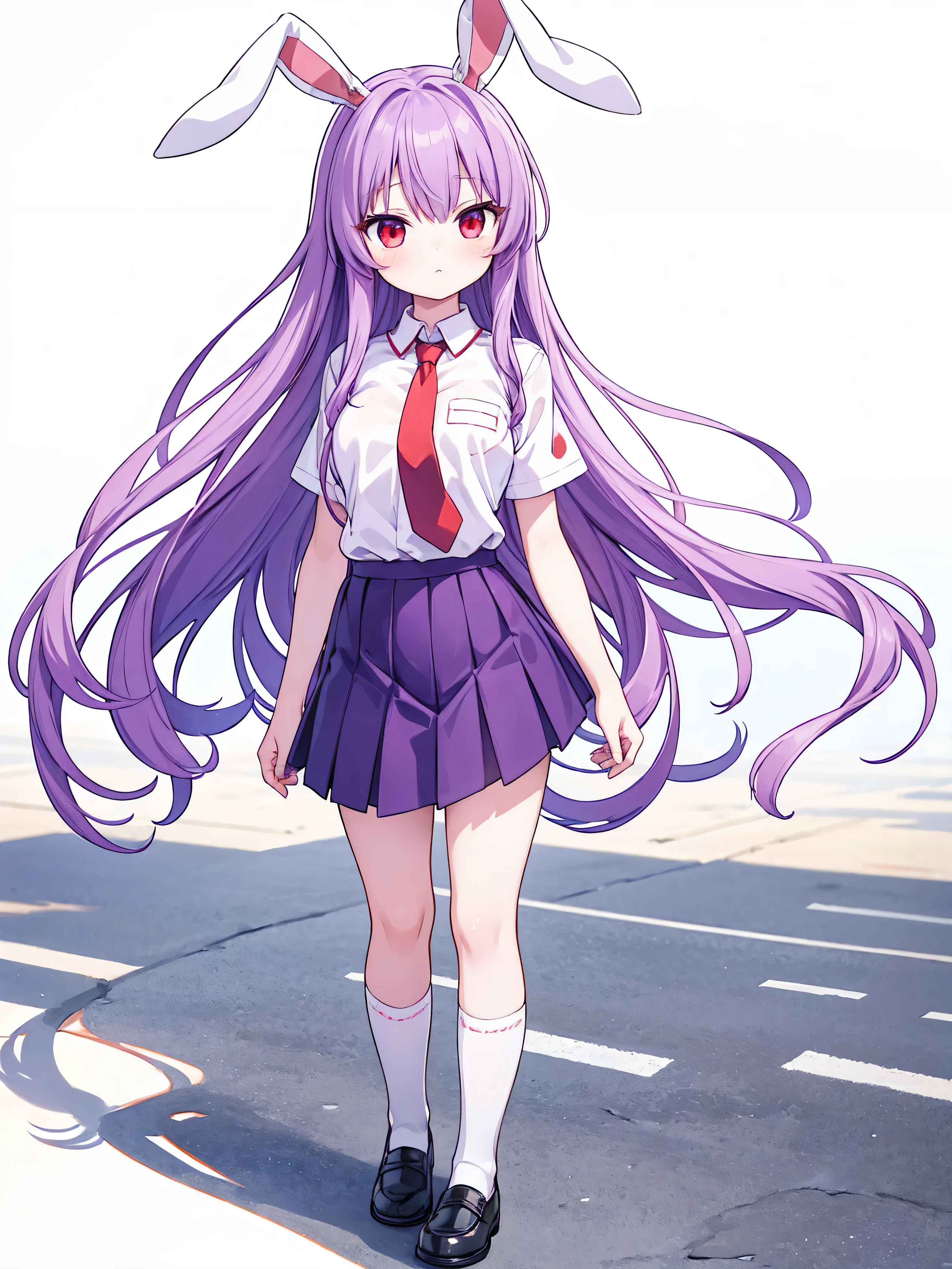 masterpiece, top quality, super detailed, CG illustration, high resolution, better lighting, best shadows, very delicate and beautiful, proper shading, hd, 8k,reisen udongein inaba, 1girl, solo, long hair, skirt, shirt, red eyes, white background, animal ears, standing, full body, white shirt, purple hair, short sleeves, necktie, shoes, socks, rabbit ears, red necktie, style parody, alphes (style)