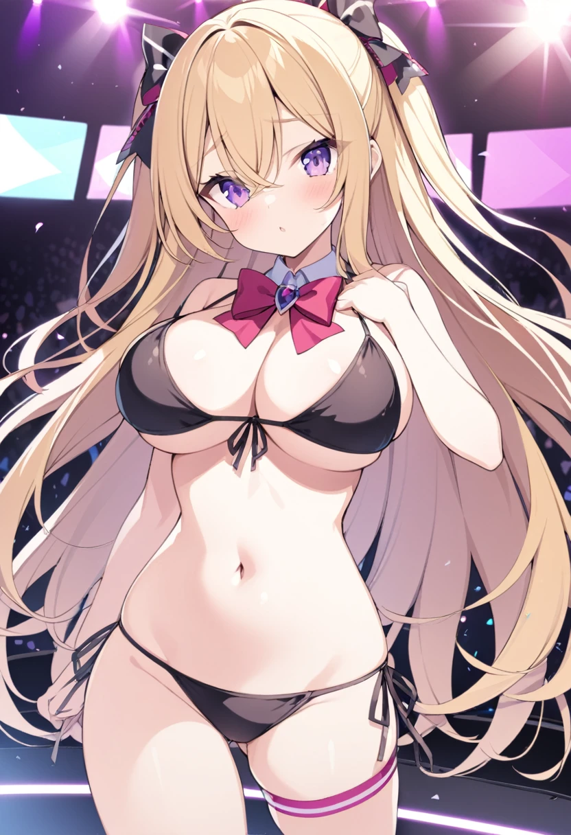 , long hair, purple eyes, blonde hair, bow,, large breasts,, Live Stage, solo bikini