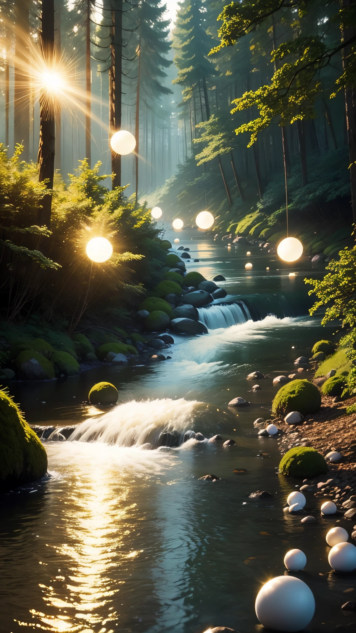 Lots of balls of light　Floating　in the forest　The river flows