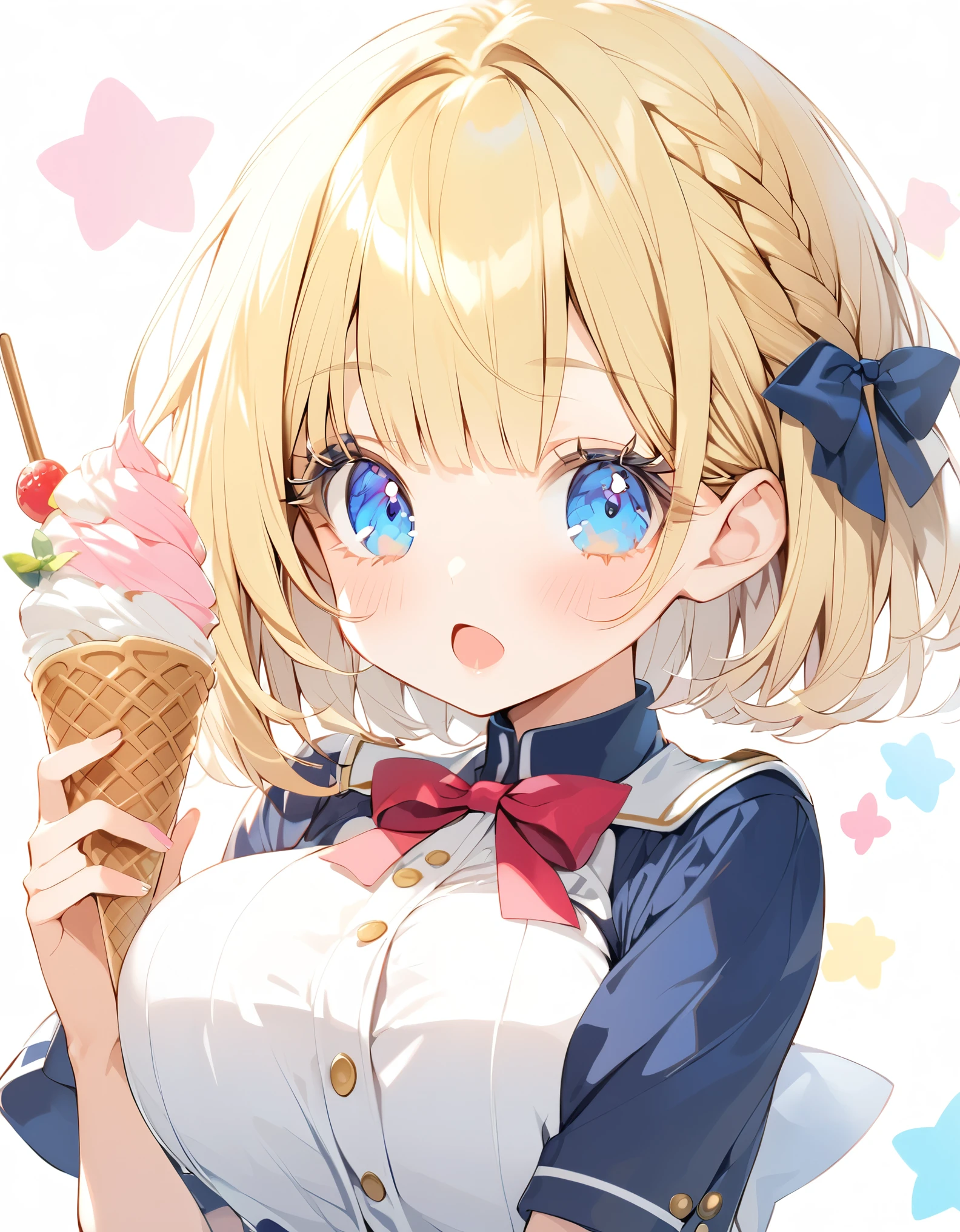 Eat pink soft serve ice cream (Navy blue original uniform), ( Girl:1.5), (blonde:1.5）(eyelash:1.2) (Short Bob Hair:1.4), (Blue eyes)(Big Breasts:1.3)